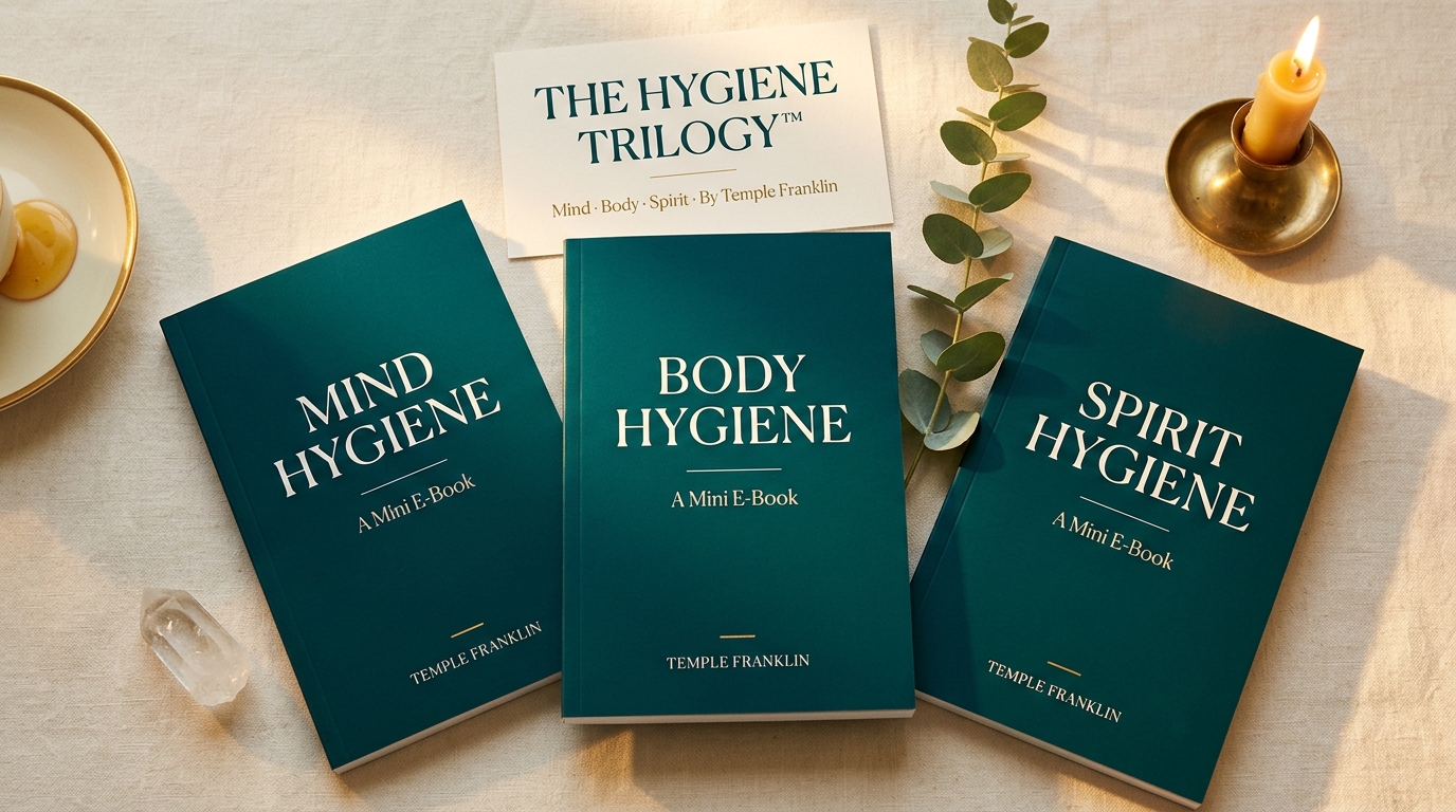 The Hygiene Trilogy — three deep teal mini e-books on cream linen